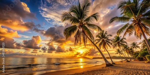 Golden sunset over a tranquil beach with palm trees