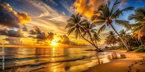 Golden sunset over a tranquil beach with palm trees