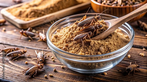 Edible cricket powder in a bowl with a spoon, high protein food from insect meat, entomophagy concept photo