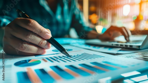 Closeup of financial management strategizing an exit plan for a B2C business, presented in minimal styles with a sharpen hitech banner and copy space