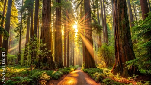 Sunlight streaming through towering redwood trees along a peaceful forest path photo