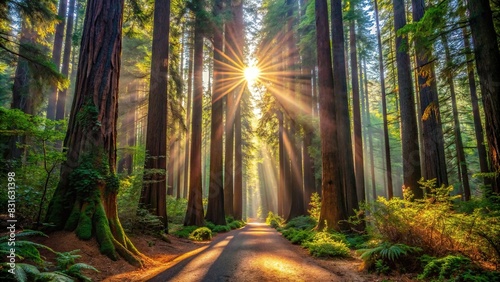 Sunlight streaming through towering redwood trees along a peaceful forest path