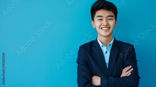 Smiling young Asian businessman with arms crossed in blue studio isolated background : Generative AI