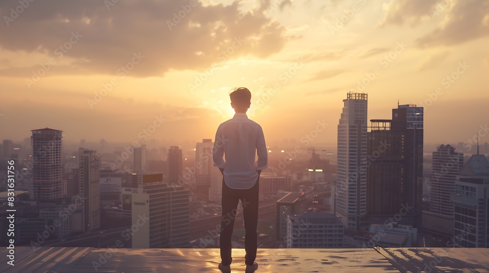 Business man and thinking at city on rooftop about career or future with goal in company Professional person and skyscraper on roof is standing with vision or hope for decision as lead : Generative AI Business man and thinking at city on rooftop about career or future with goal in company Professional person and skyscraper on roof is standing with vision or hope for decision as lead : Generative AI