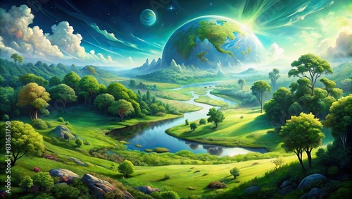 Lush green earth landscape in watercolor art style