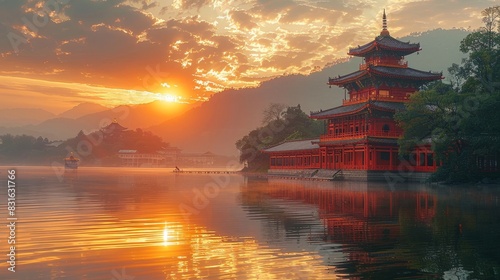 a pagoda in the middle of a body of water photo