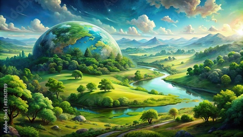 Lush green earth landscape in watercolor art style