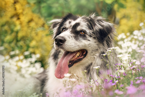 Head portrait of an adult australian shepherd dog in spring in a garden outdoors between blooming flowers