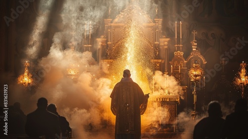 a priest standing in front of a large altar with a lot of smoke photo