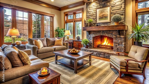 Cozy living room with a roaring fireplace surrounded by comfortable furniture and warm decor