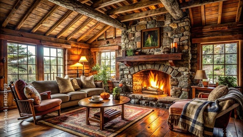Rustic cabin interior featuring a crackling fire in a stone fireplace, wooden beams, and cozy blankets
