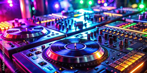 Abstract close-up of shining DJ turntables and digital mixing equipment in a disco nightclub