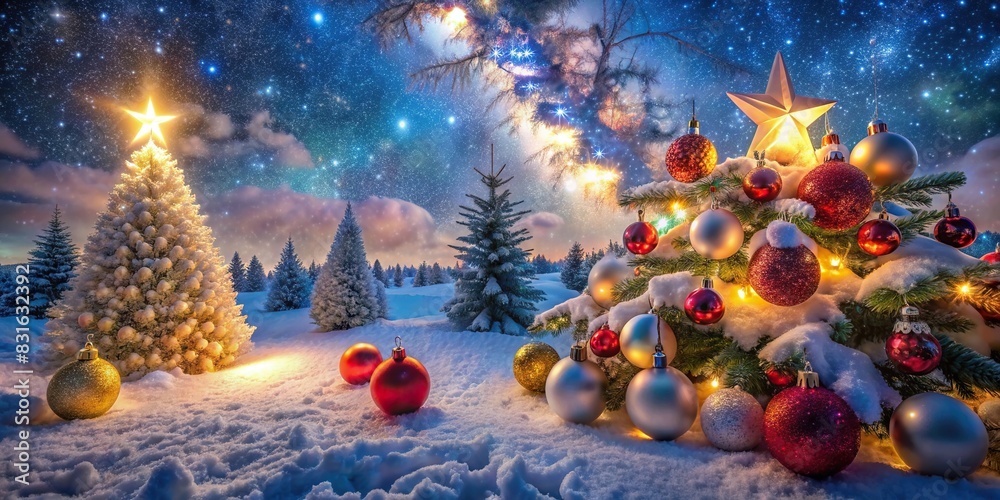 An enchanting image capturing the magic of Christmas with dazzling ornaments and brilliant decorations under a celestial night sky