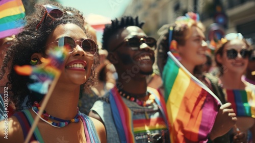 Friends celebrating Pride with colorful flags and sunglasses, enjoying the festive atmosphere at an outdoor parade.