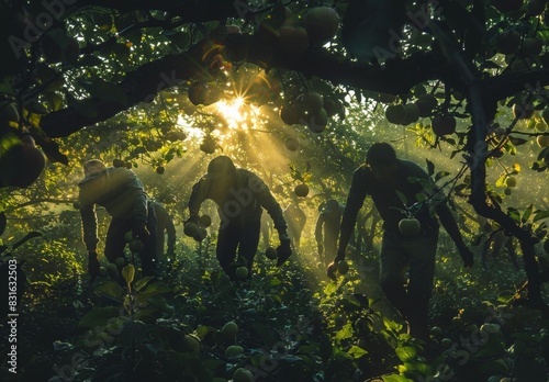 Orchard workers pick apples, their faces lost in the dappled sunlight filtering through tree branches. The scene captures the idyllic and serene nature of the orchard during harvest.