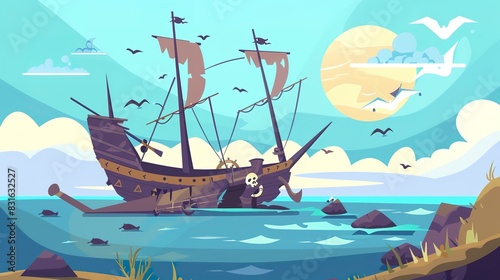 Pirate shipwreck flat design front view, pirate adventures, animation, analogous color scheme 