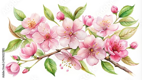 Beautiful watercolor Sakura cherry blossom clip arts with delicate pink petals and soft green leaves © artsakon