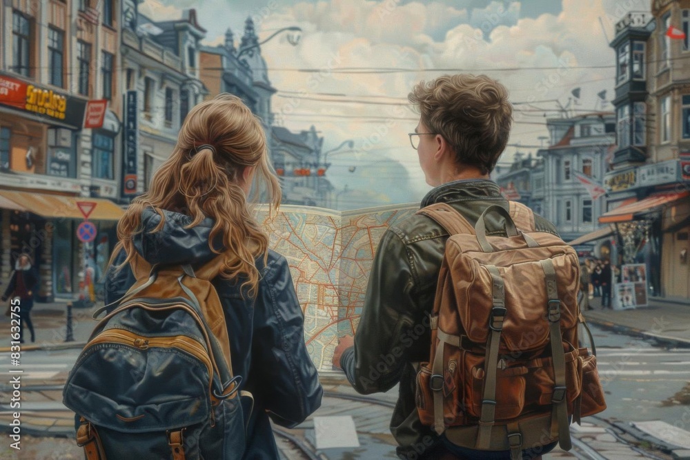 Two travelers with backpacks explore a city, looking at a map. Vibrant urban scene with historic buildings and street life.