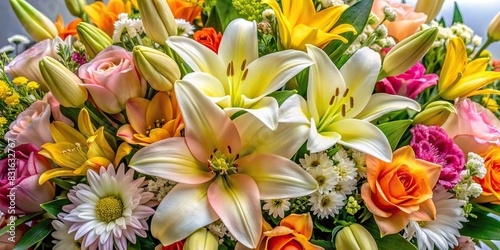 Close-up of an elegant arrangement of assorted blooms including lilies and daffodils photo