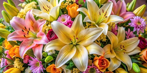 Close-up of an elegant arrangement of assorted blooms including lilies and daffodils photo