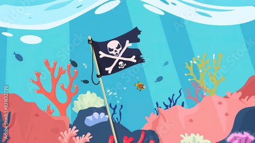 Pirate flag among coral flat design front view, pirate adventures, cartoon drawing, split-complementary color scheme 