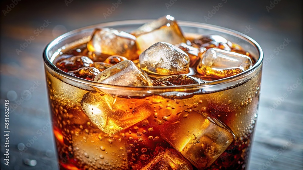Close-up of a chilled fizzy drink in a glass with ice cubes
