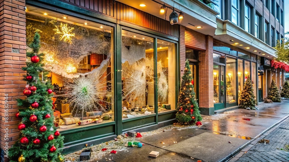 Scene of vandalized and looted storefronts during the holiday season