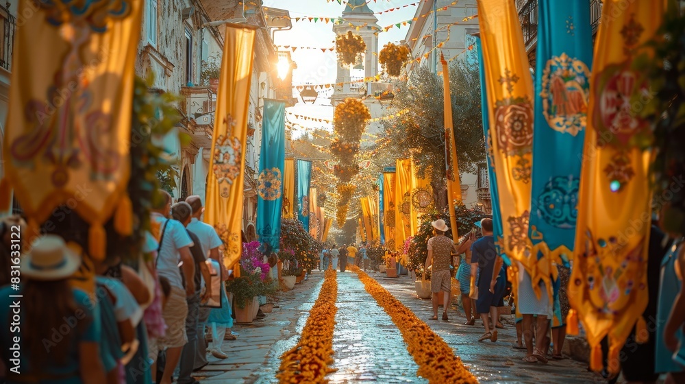 corpus christi, a narrow street with people walking down it and yellow and blue decorations