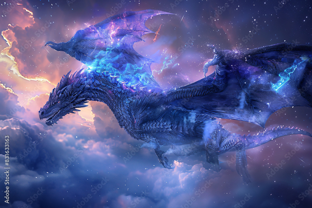 A purple dragon is flying through the sky with a purple and purple tail ...