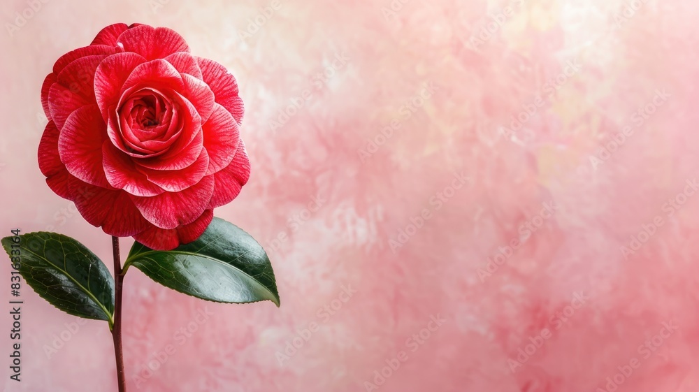 Red rose with leaves against pink textured background