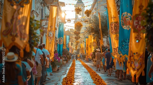 corpus christi, a narrow street with people walking down it and yellow and blue decorations