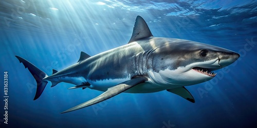 Close up shot of a menacing shark swimming in deep blue ocean waters © artsakon