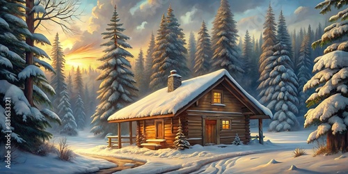 Wooden cabin nestled in a snowy forest, captured in an oil painting style photo