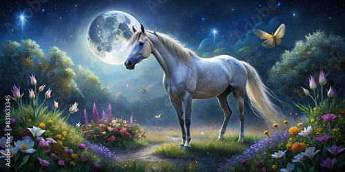 of a horse in a moonlit garden with flowers and butterflies photo