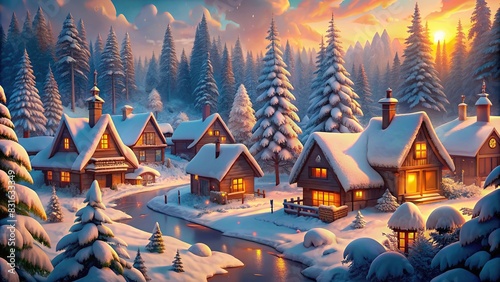 Cute and charming winter village scene in a snow-covered forest with generative art style photo