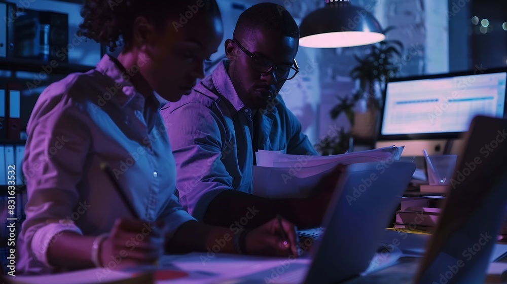 Teamwork in New York office at night business document reading together and professional accounting report Black man with financial audit showing latino woman figures and employee coll : Generative AI Teamwork in New York office at night business document reading together and professional accounting report Black man with financial audit showing latino woman figures and employee coll : Generative AI