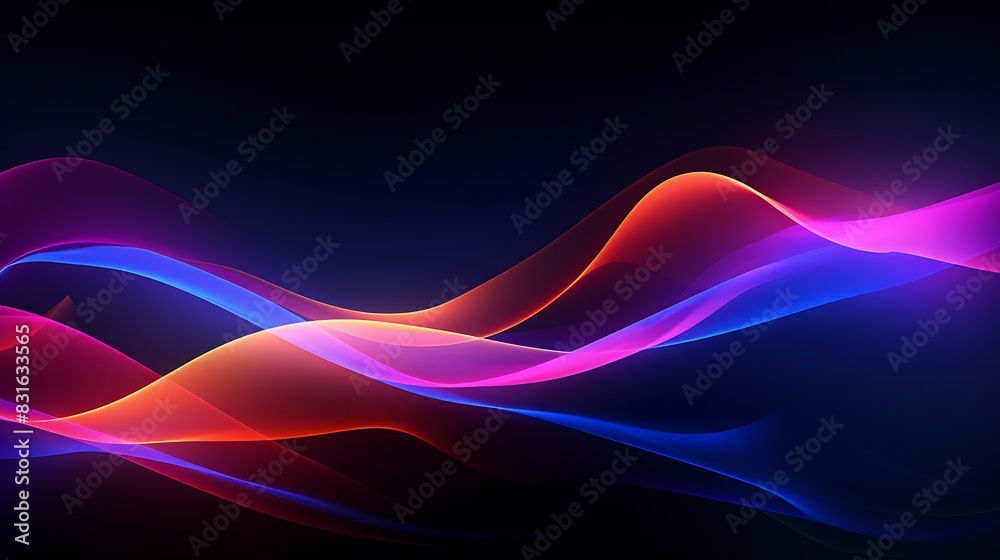 Naklejka premium Abstract background, black waves with neon glowing multicolored laser lights