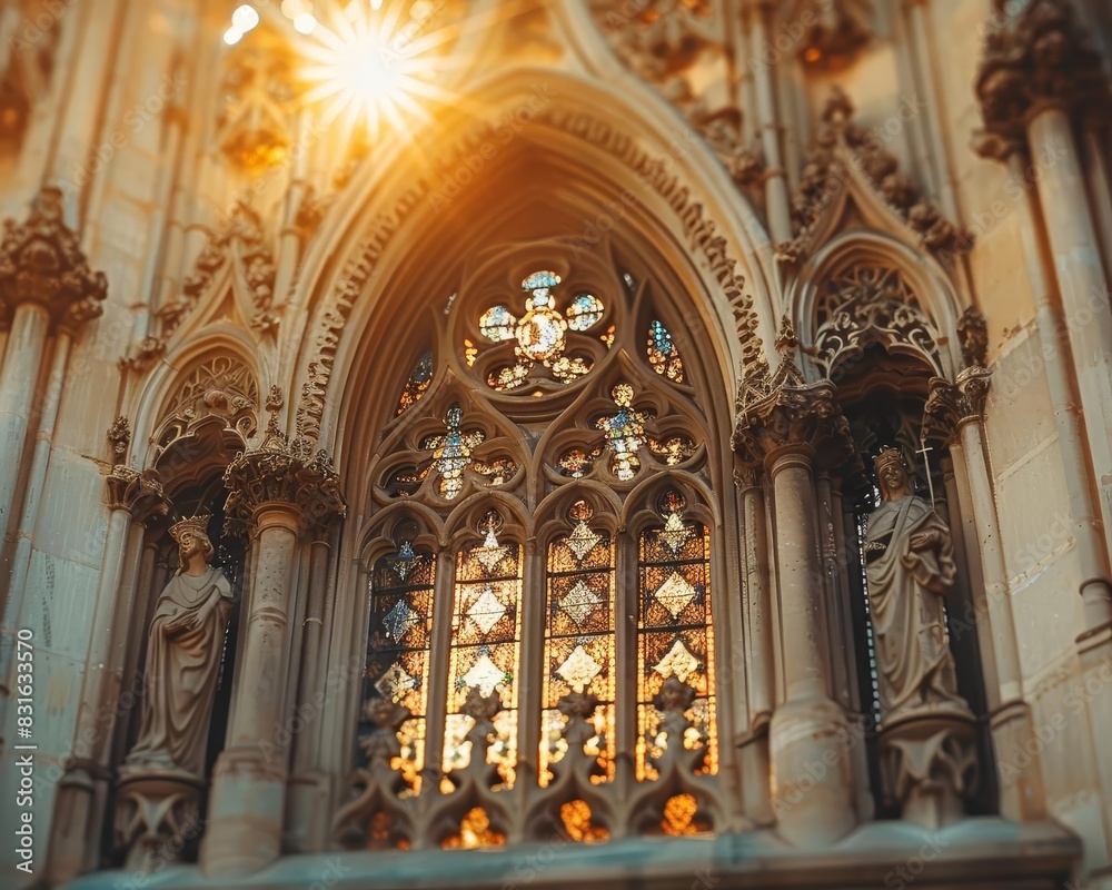 Intricate architectural detail of a historic cathedral, showcasing ornate carvings and stained glass windows illuminated by sunlight
