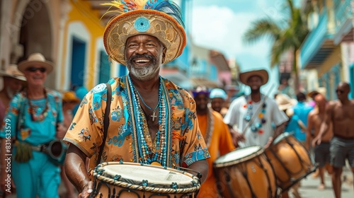 a man in a colorful outfit playing a drum photo