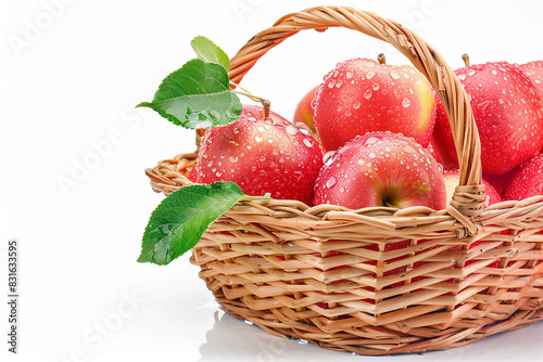 Fresh apples fruits in a basket isolated on white background. Healthy diet food illustration. 