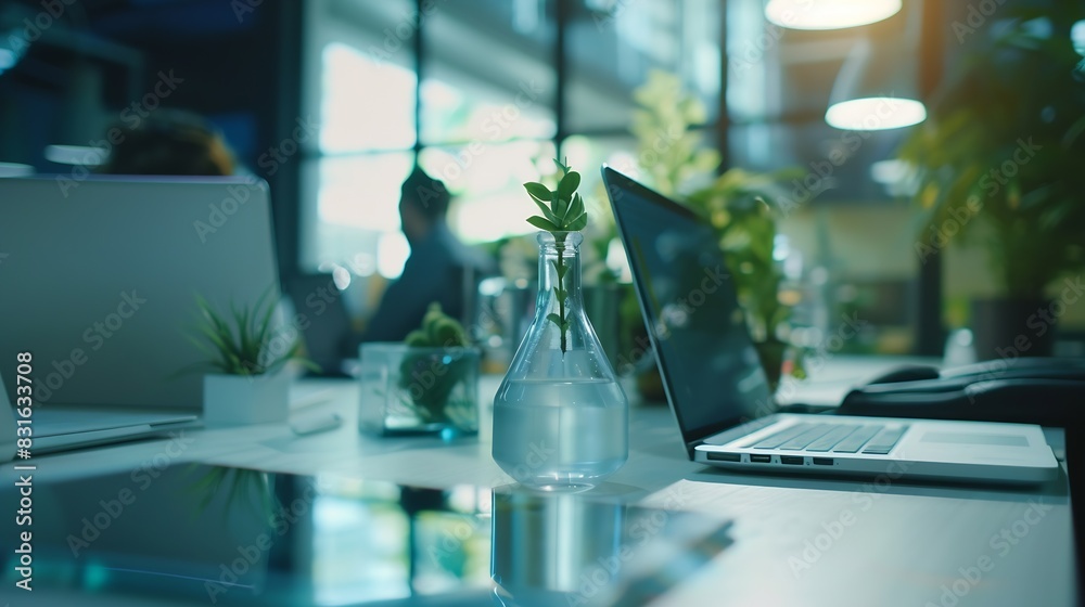 ESG environmental social governance display on laptop on ecofriendly company meeting with business people implementing environmental protection for clean and sustainable future ecology : Generative AI