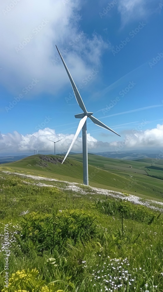 Majestic wind turbines on a rolling green hillside, turning gracefully under a bright blue sky with scattered clouds