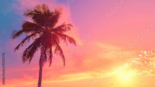 Vibrant  tropical sunset with palm tree silhouette against colorful sky