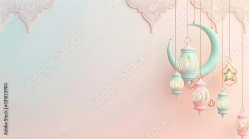 Minimal blank template card for Eid alFitr in pastel styles, featuring elements of crescent moon and lanterns, with a large copy space on center for text