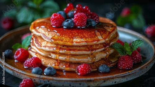a plate of pancakes with syrup and berries on top