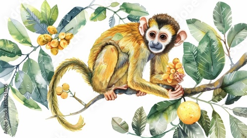 Set of water color of a spider monkey, eating fruit high up in the treetops of a tropical rainforest, Clipart isolated on white photo