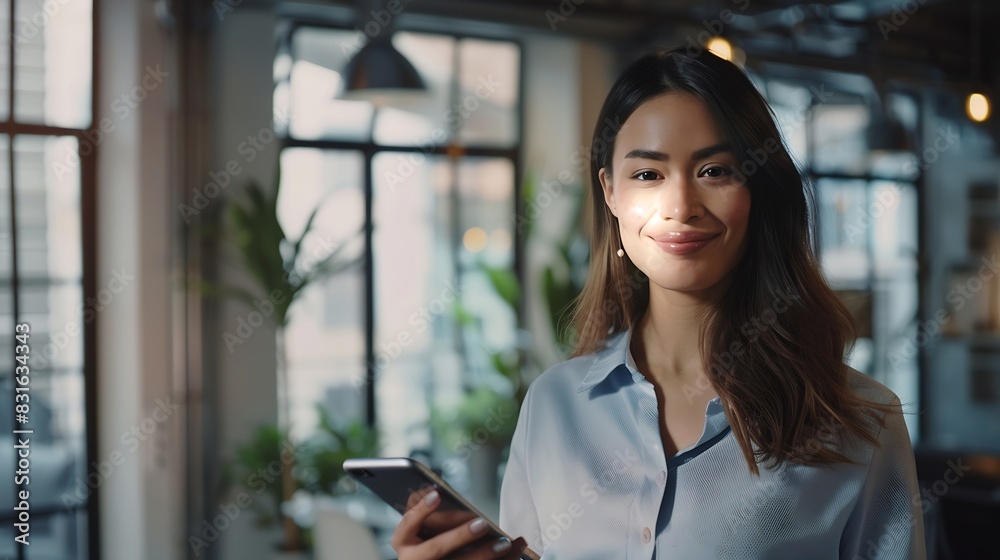 Smiling woman in casuals standing in office Businesswoman with mobile phone in hand looking at camera : Generative AI Smiling woman in casuals standing in office Businesswoman with mobile phone in hand looking at camera : Generative AI