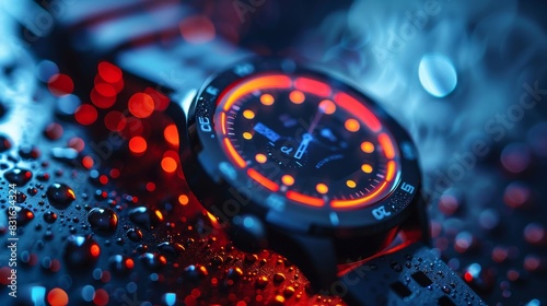 a watch with a glowing face sitting on a table photo