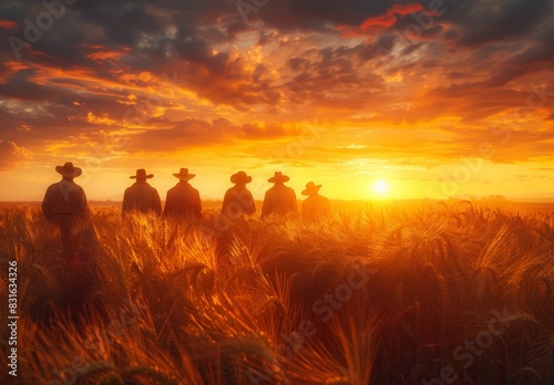 Farmers with wide-brimmed hats obscure their faces  harvesting golden wheat under a vibrant sunset. The fields stretch endlessly  creating a serene and timeless agricultural scene.