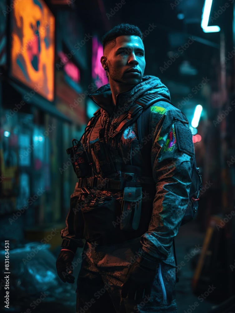Urban Cyberpunk Steampunk Fusion: Detailed Man in Neon